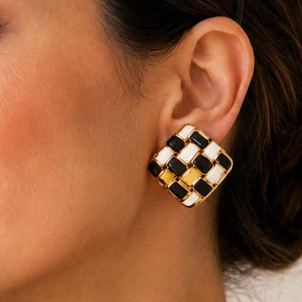 Vintage Black Ivory Enamel Checkerboard Clip On Earrings Gold Tone